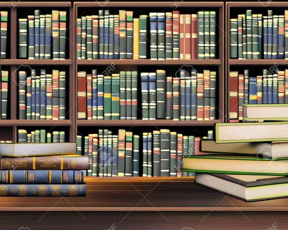 Книги на столе в фокусе на фоне размытым полку с книгами. Концепция библиотеки.