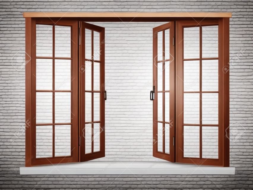 Holz offene Fenster isoliert auf weißem Hintergrund