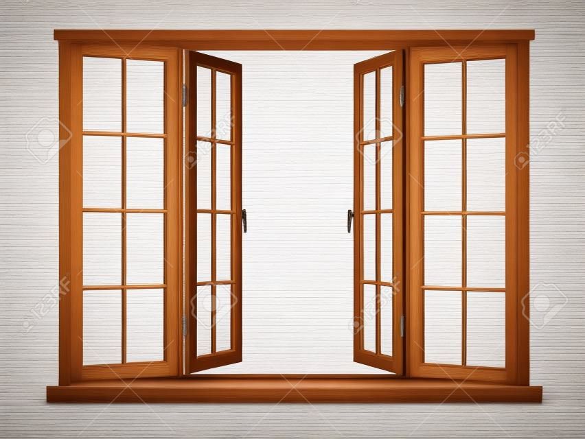 Holz offene Fenster isoliert auf weißem Hintergrund