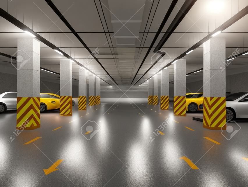Ilustração 3d de estacionamento subterrâneo com carros