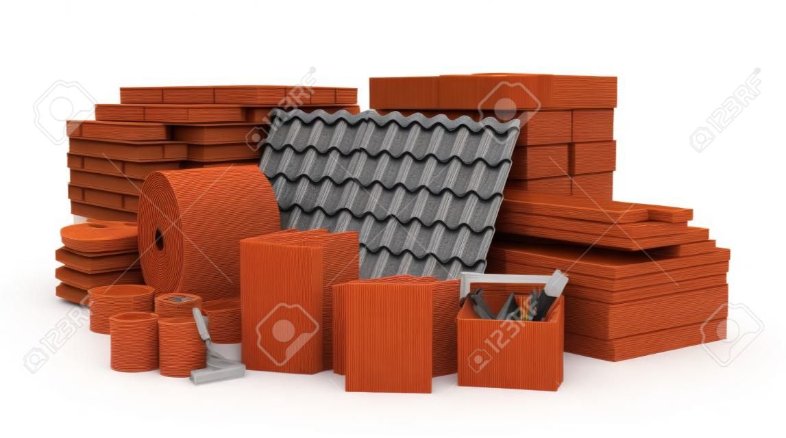 Matériaux pour toiture, matériaux de construction, isolés sur fond blanc. Illustration 3D