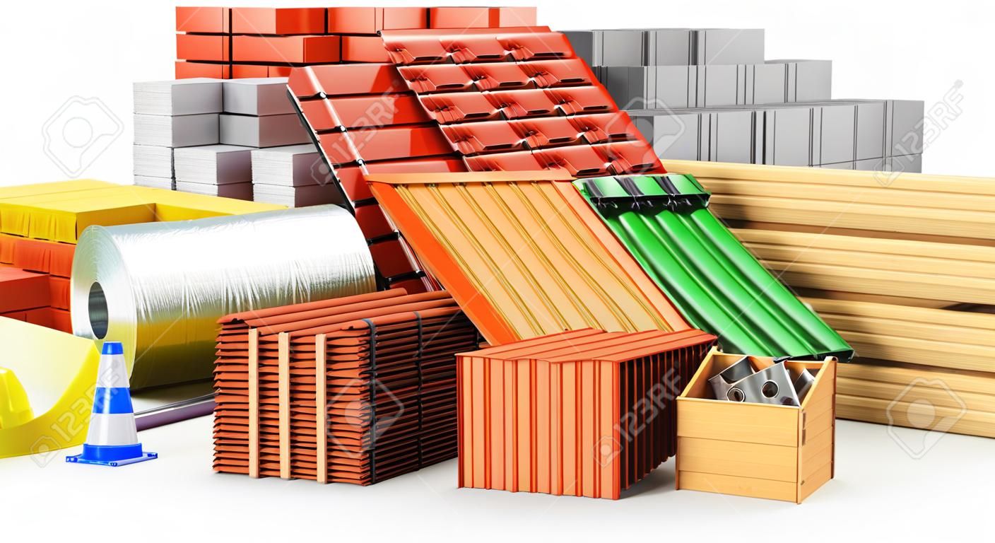 Materials for roofing, construction materials, isolated on a white background. 3D illustration