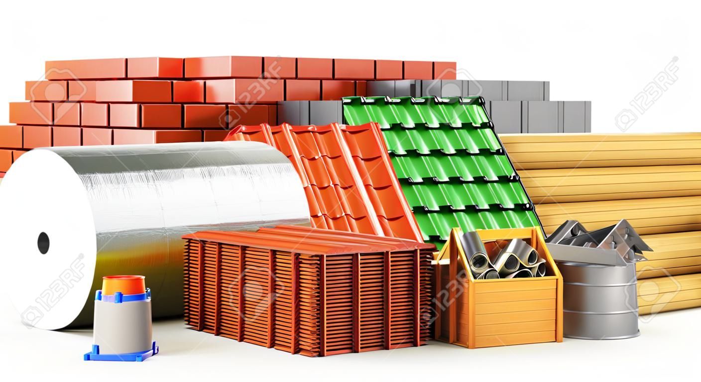 Matériaux pour toiture, matériaux de construction, isolés sur fond blanc. Illustration 3D