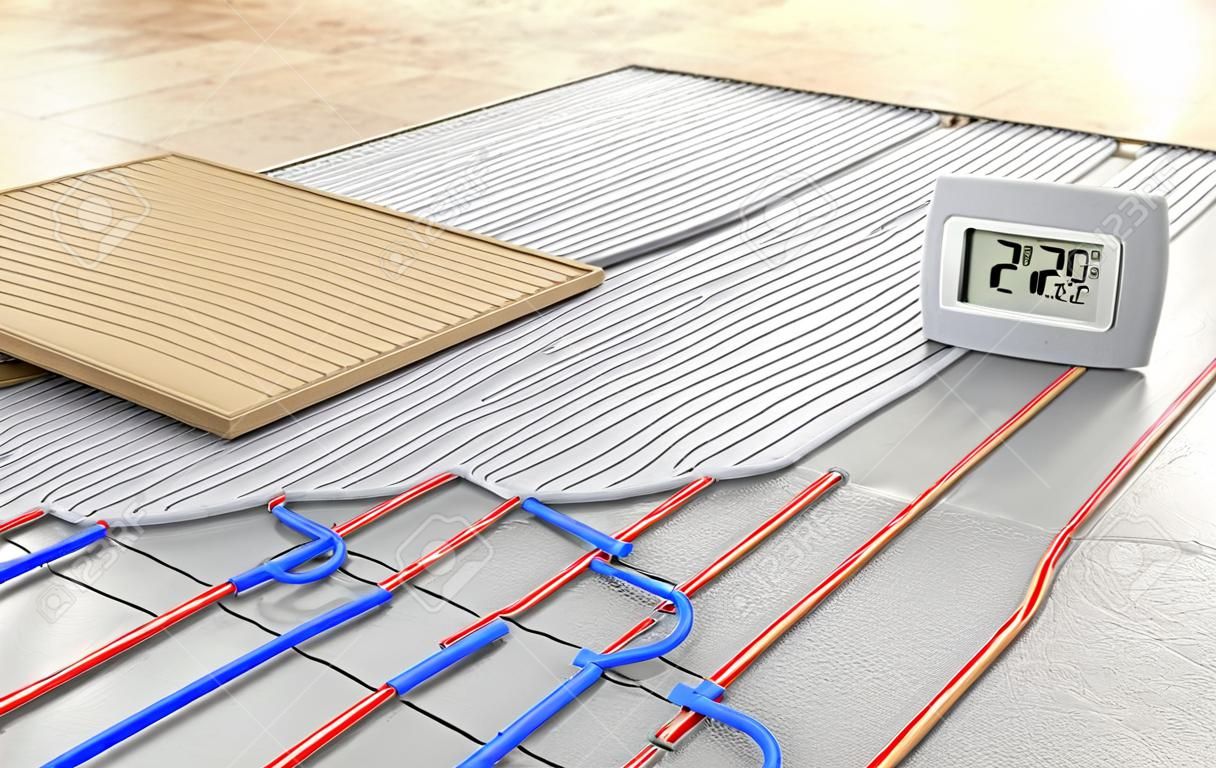 Heating concept. Underfloor heating. Layers of heating floor in the room. 3d illustration
