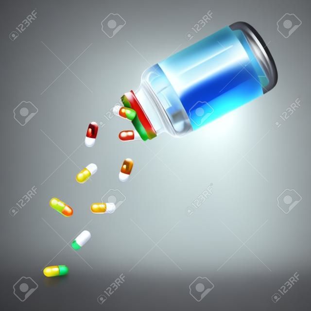 Tabletták esnek egy üvegből egy átlátszó háttérrel