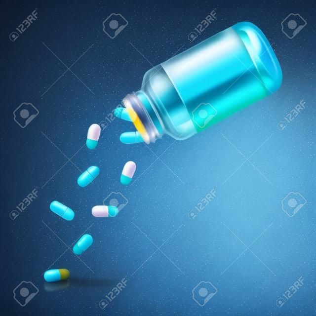 Tabletták esnek egy üvegből egy átlátszó háttérrel