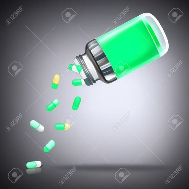Comprimidos que caem de um frasco em um fundo transparente