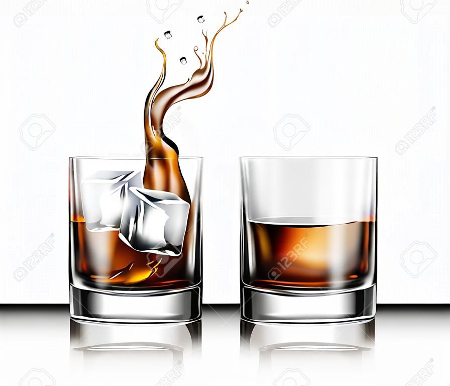 Empty and full whiskey glass with ice cubes