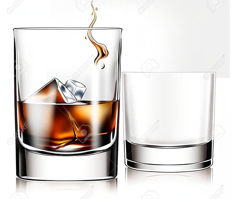 Empty and full whiskey glass with ice cubes
