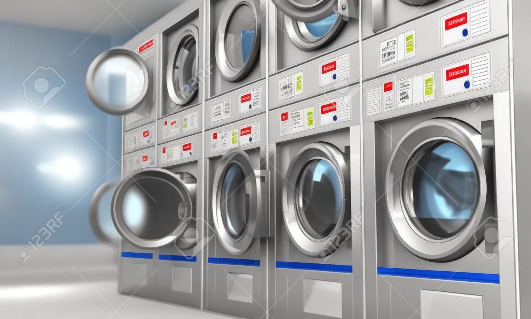 Wasserij. Industriële wasmachines in de wasserij. 3d illustratie