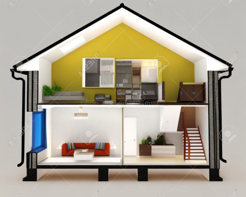 Sección transversal de la casa, vista en el dormitorio, la sala de estar y el pasillo, ilustración 3d