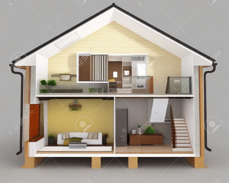 Sezione trasversale della casa, vista su camera da letto, soggiorno e corridoio, illustrazione 3d