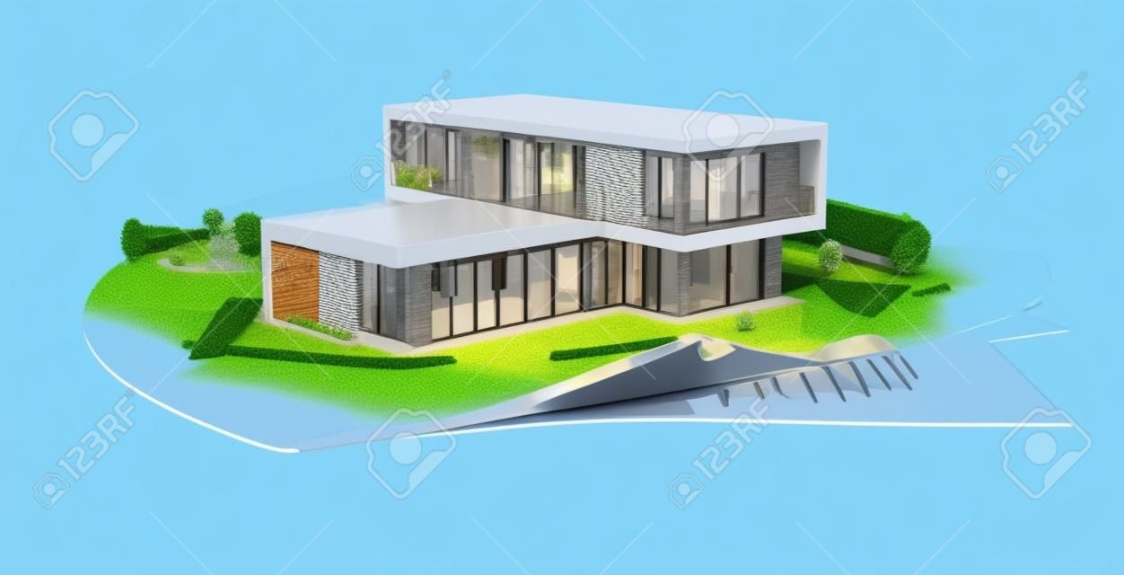 Concept of modern cottage located on blueprints, 3d illustration