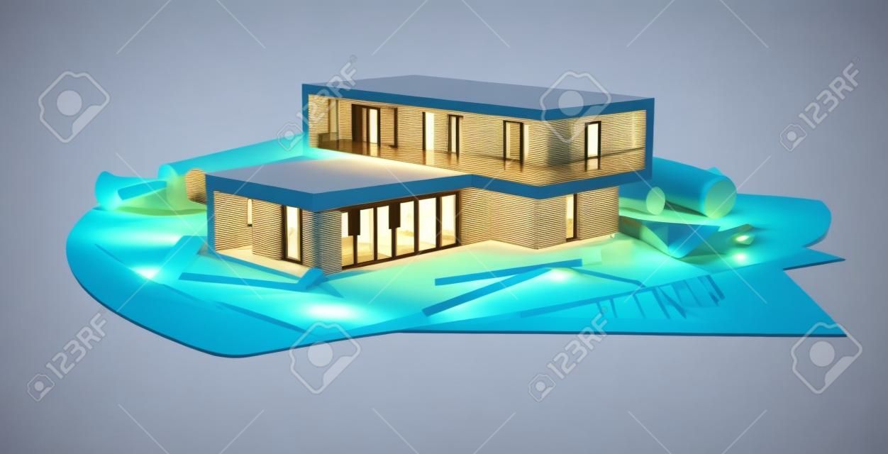 Konzept der modernen Hütte auf Blaupausen, 3D-Darstellung