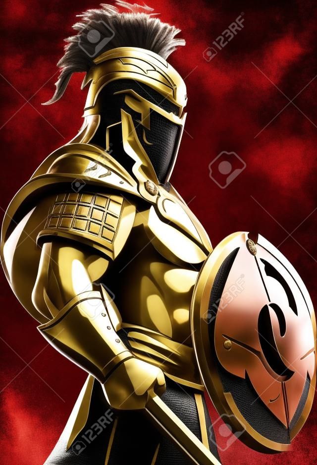 A Spartan warrior, clad in bronze armor, stands tall and resolute. With a fierce gaze, they hold a shield and spear, ready for battle. A crimson cape billows behind,