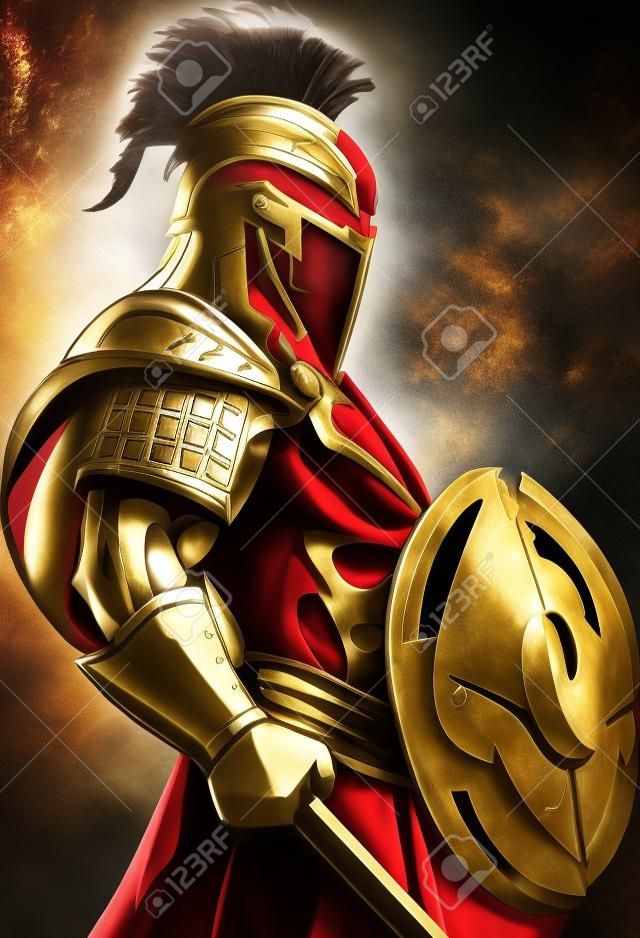 A Spartan warrior, clad in bronze armor, stands tall and resolute. With a fierce gaze, they hold a shield and spear, ready for battle. A crimson cape billows behind,