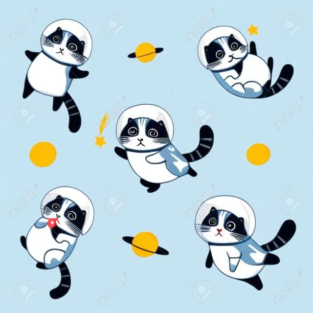 Set di simpatici gatti scottishfold astronauti isolati su sfondo bianco
