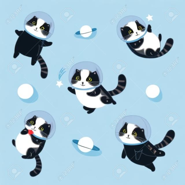 Set di simpatici gatti scottishfold astronauti isolati su sfondo bianco