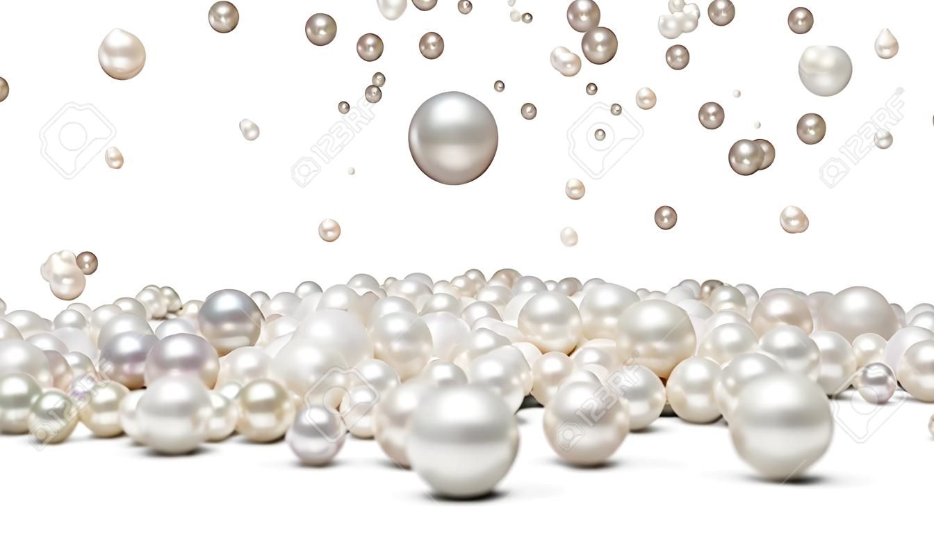 Pearls in motion. Beautiful jewerly for womens. Pile of pearls close up. Falling pearl. 3D rendering