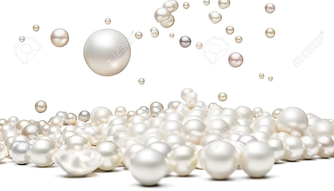 Pearls in motion. Beautiful jewerly for womens. Pile of pearls close up. Falling pearl. 3D rendering