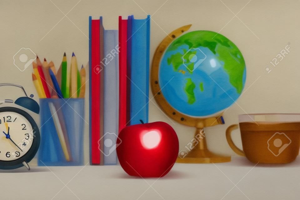 Apple est au premier plan et derrière lui se trouvent une pile de livres, un globe, une horloge et un verre de crayons.