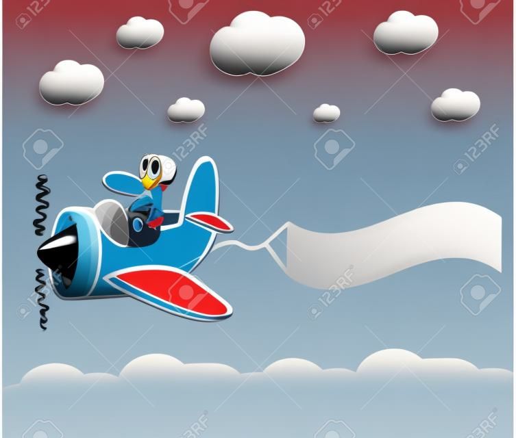Cartoon plane with pilot ,clouds and advertising banner