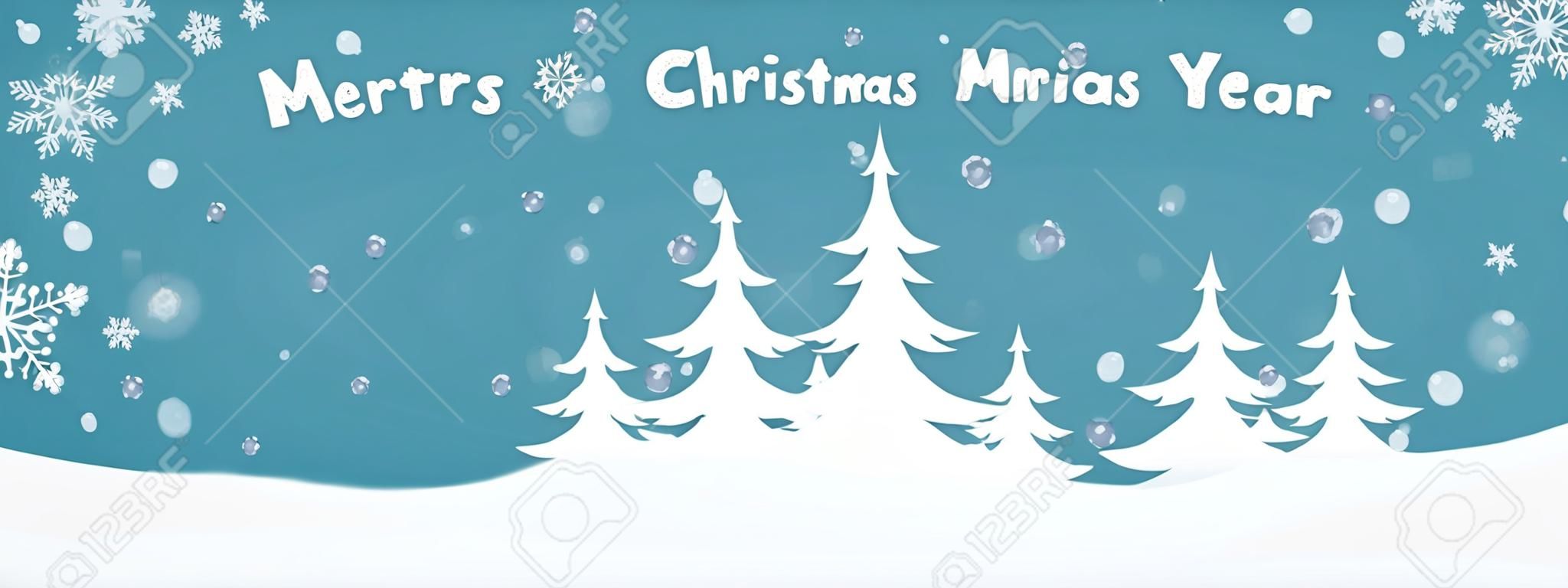Cartoon illustration banner for holiday theme with deer on winter background. Greeting card for Merry Christmas and Happy New Year. Vector illustration