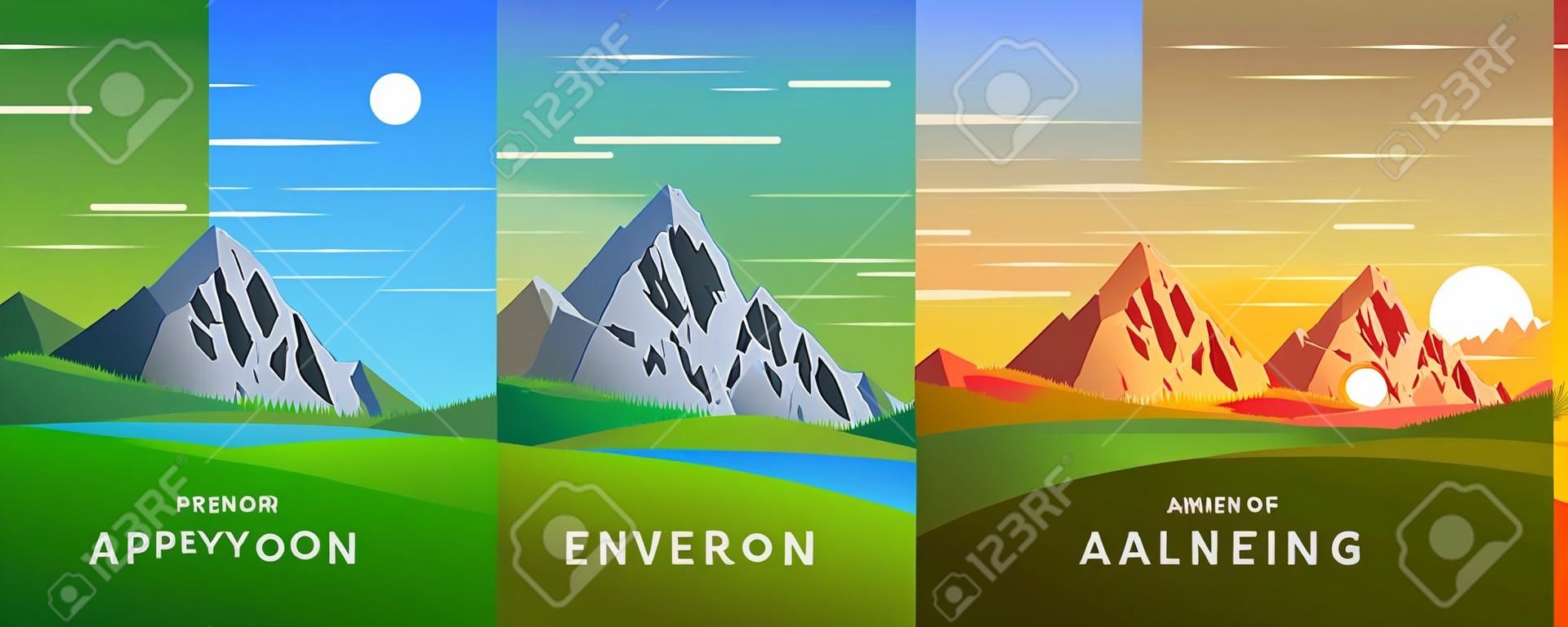 Conjunto de quatro vectores de fundo dos tempos do dia. Bela paisagem de montanha com céu colorido. Fundo em estilo de desenho animado plano - ilustração de paisagem poligonal. Cores brilhantes.