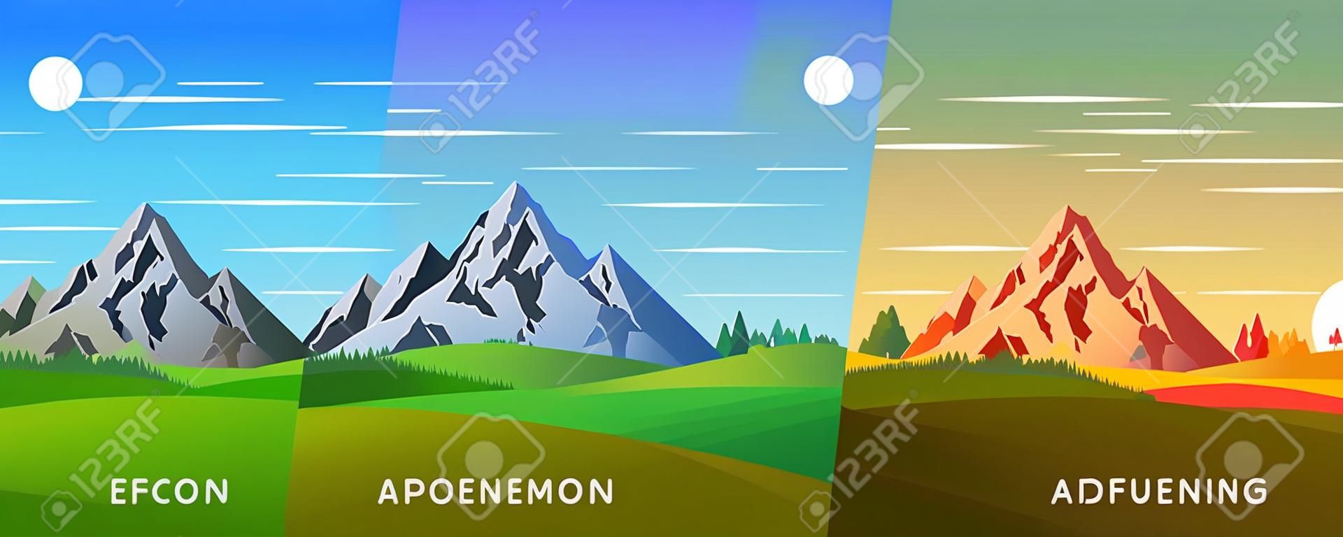 Satz von vier Vektor-Hintergrund der Tageszeiten. Schöne Berglandschaft mit buntem Himmel. Hintergrund im flachen Cartoon-Stil - polygonale Landschaftsillustration. Helle Farben.