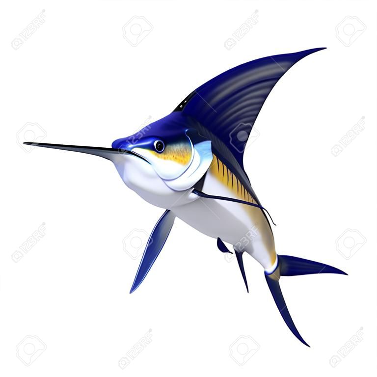 Representación 3D de un pez marlin aislado sobre fondo blanco.