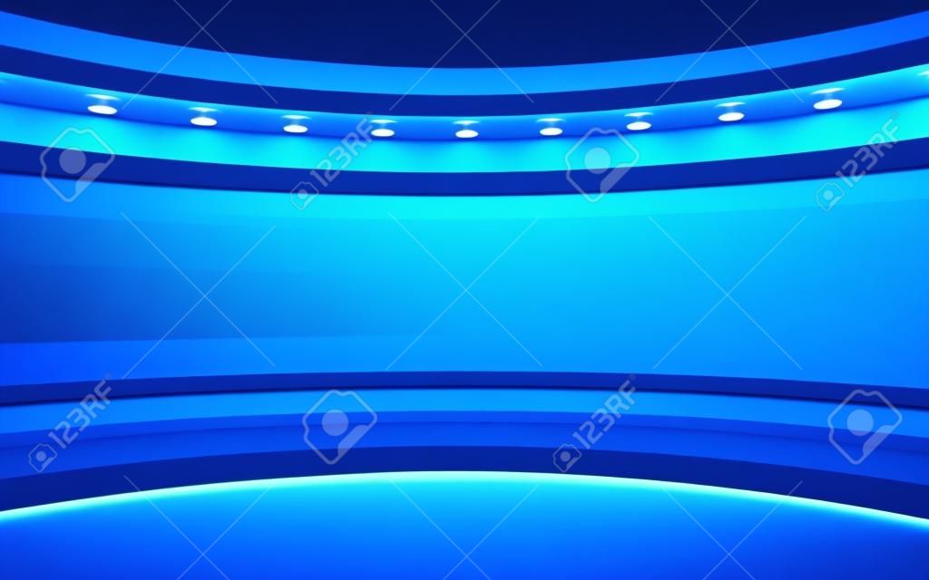 Studio blu. Muro blu con luce Sfondo blu Goccia blu posteriore. Rendering 3D