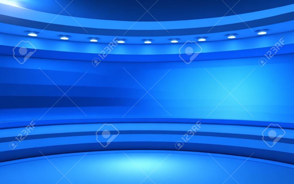 Studio blu. Muro blu con luce Sfondo blu Goccia blu posteriore. Rendering 3D