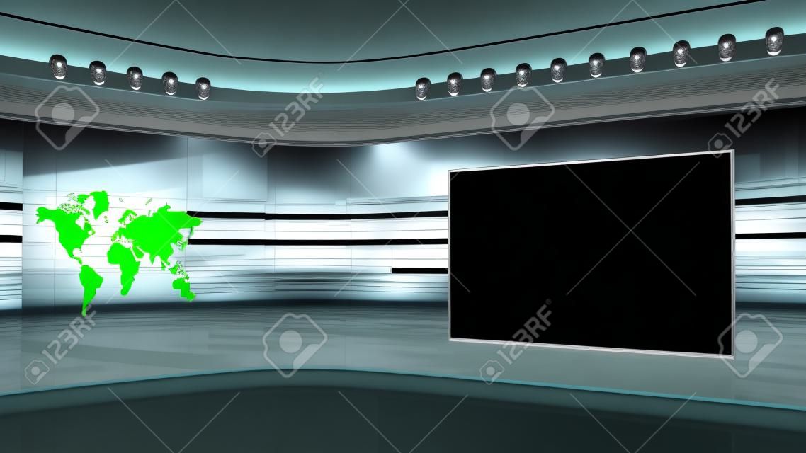 テレビ スタジオ。 テレビ番組の背景。壁にテレビ。ニュース スタジオ。すべて緑画面またはクロマ キーのビデオや写真の生産に最適な背景。3 D レンダリング。