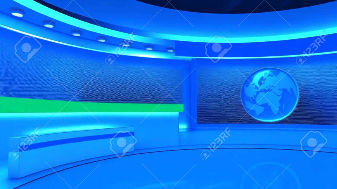 Tv Studio. News studio. Blue studio. The perfect backdrop for any green screen or chroma key video or photo production. 3D rendering