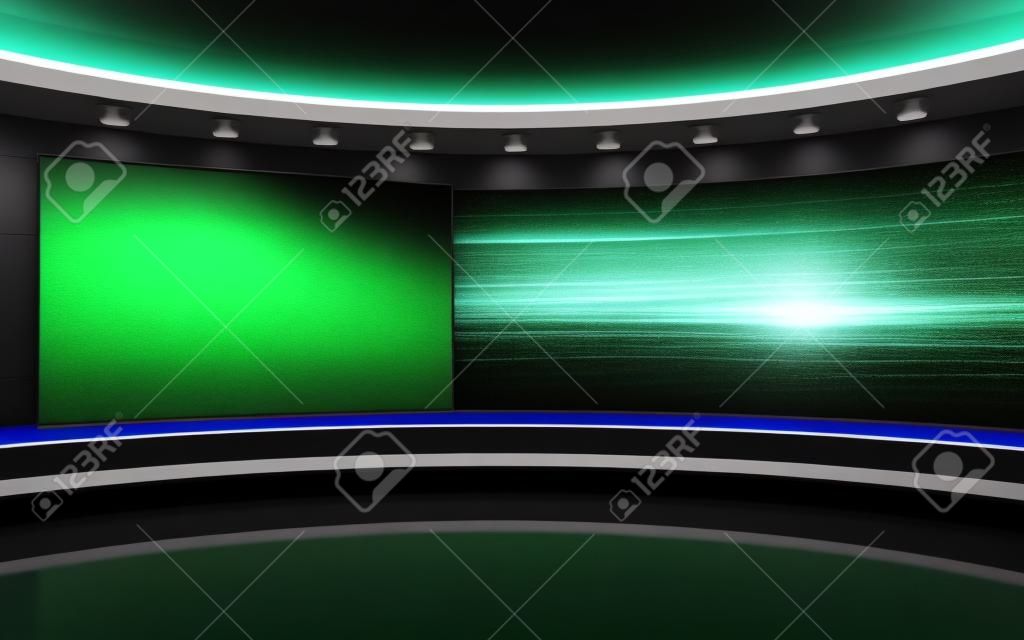 Studio televisivo. Sfondo per programmi TV .TV sul muro. Studio di notizie. Lo sfondo perfetto per qualsiasi produzione di video o foto con schermo verde o chroma key. Rendering 3D.
