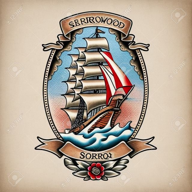 Illustration vecor heimwärts gebundenes Seemann-Jerry-Segelschiff mit Rosen im traditionellen Tattoo-Stil
