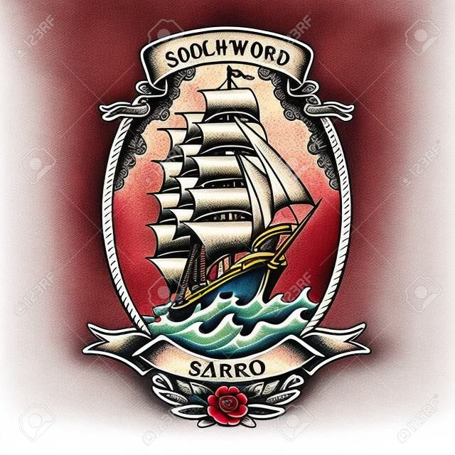 Ilustración vecor regreso a casa marinero jerry velero con rosas en estilo de tatuaje tradicional