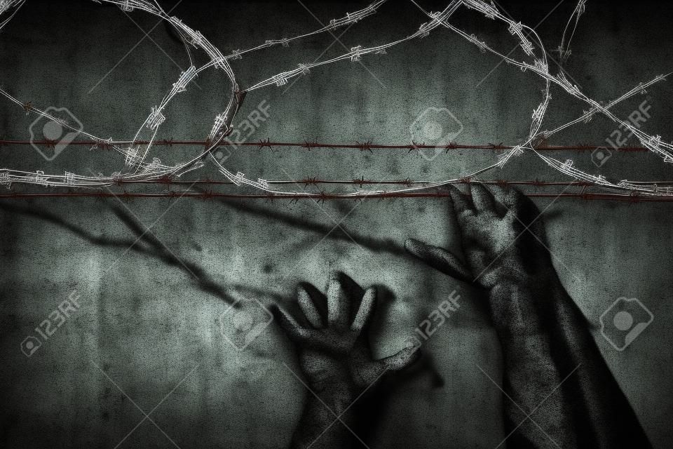 Jailbreak. Hands holding on to barbed wire on the wall of the prison. law. freedom