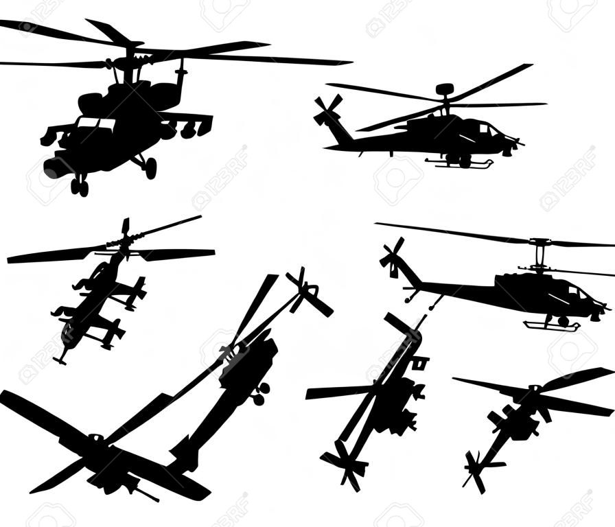 AH-64 Apache Longbow helicopter silhouettes set. Vector on separate layers.