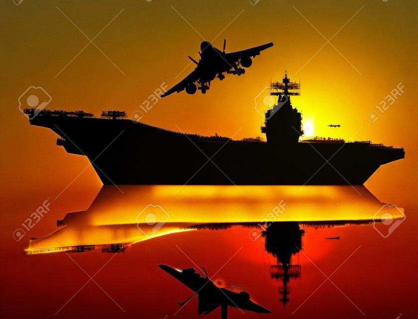 Aircraft carrier and flying aircraft detailed silhouettes   