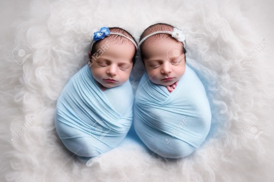 Tiny newborn twin girls in white cocoons on a blue background. A newborn twin sleeps next to his sister. Newborn twin girls in white headbands with a white and blue flowers.