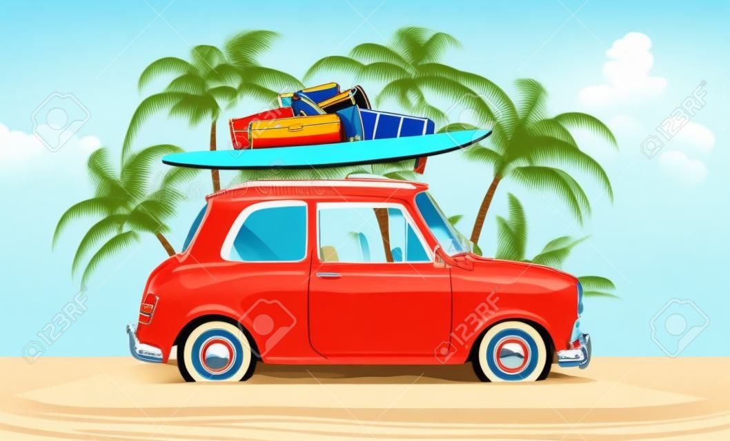 Funny retro car with surfboard and suitcases on a beach with palms behind. Unusual summer travel illustration