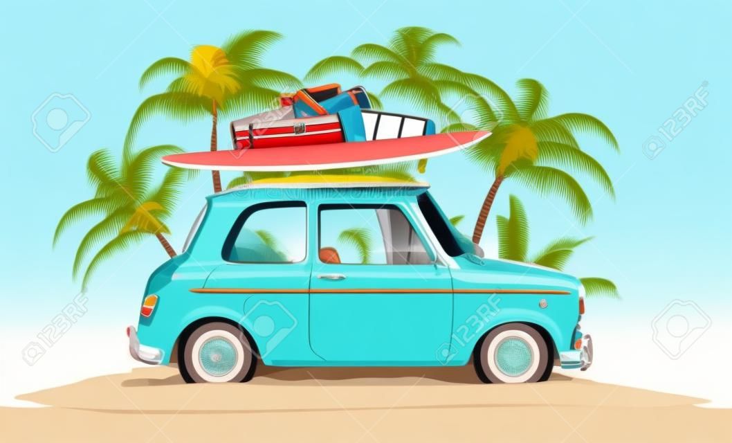 Coche retro divertido con la tabla de surf y maletas en una playa con palmeras detrás. Ilustración viajes verano Insólito