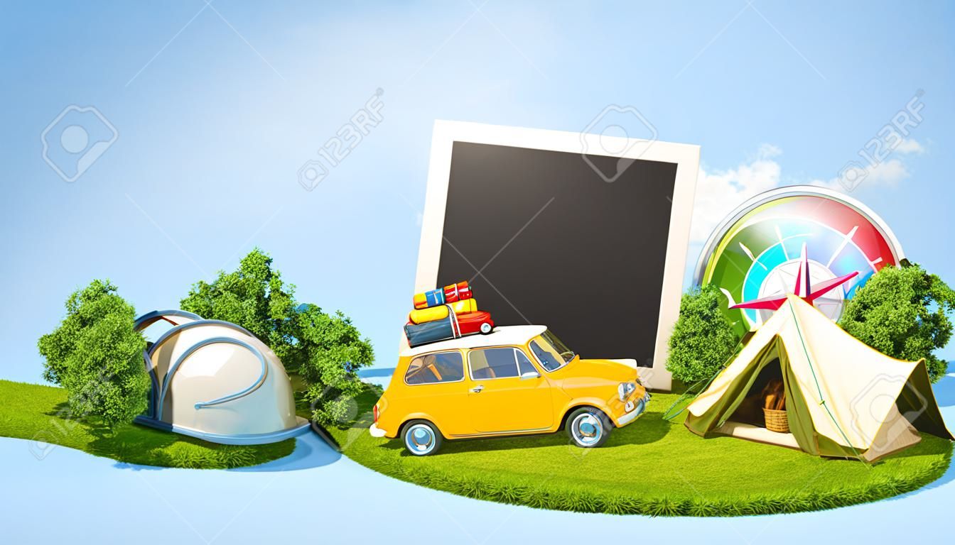 Empty photos, retro car and traveling equipment on a green meadow. Camping.