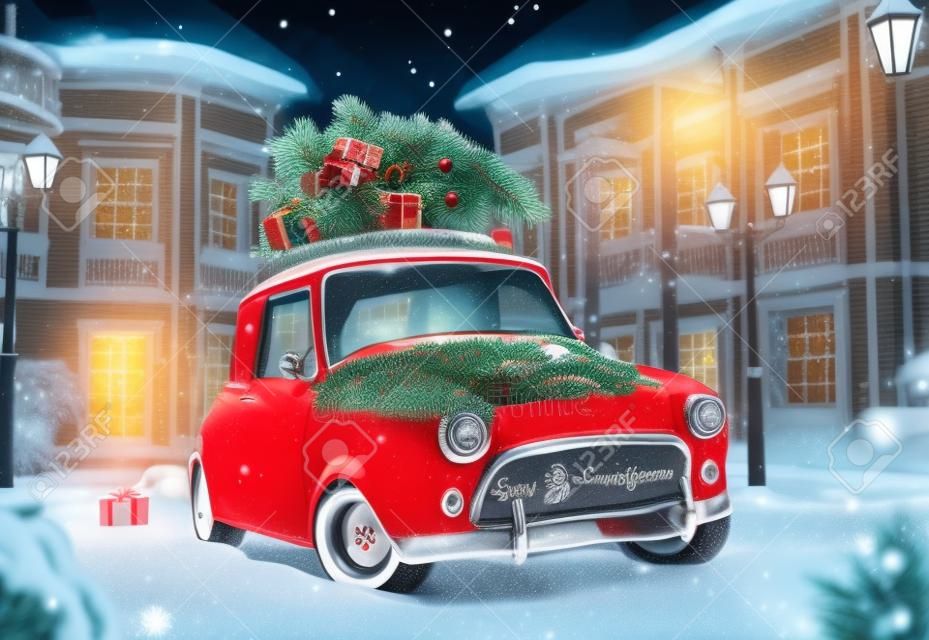 Increíble coche retro divertido con el árbol y cajas de regalo de navidad en el techo en la ciudad linda en la noche. Inusual ilustración navidad