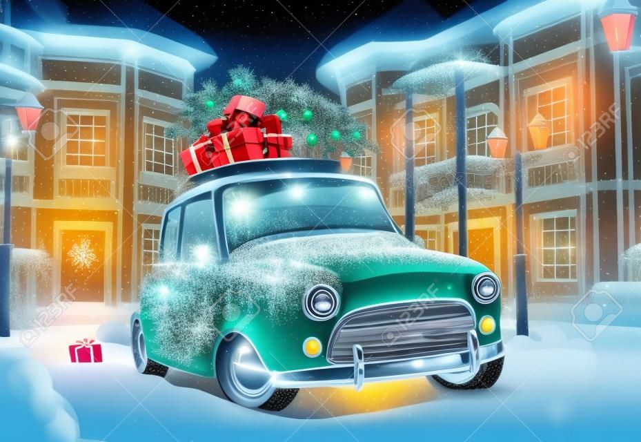 驚人的有趣的復古車的聖誕樹和禮品盒在屋頂上的可愛的城市的夜晚。不尋常的聖誕插圖