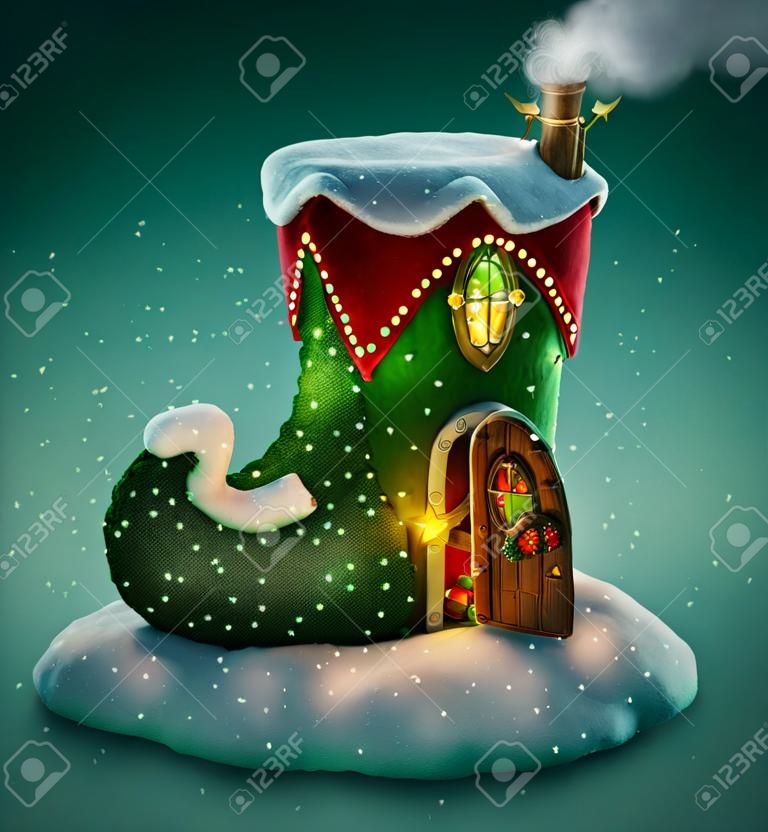 Amazing fairy house decorated at christmas in shape of elfs shoe with opened door and fireplace inside. Unusual christmas illustration.