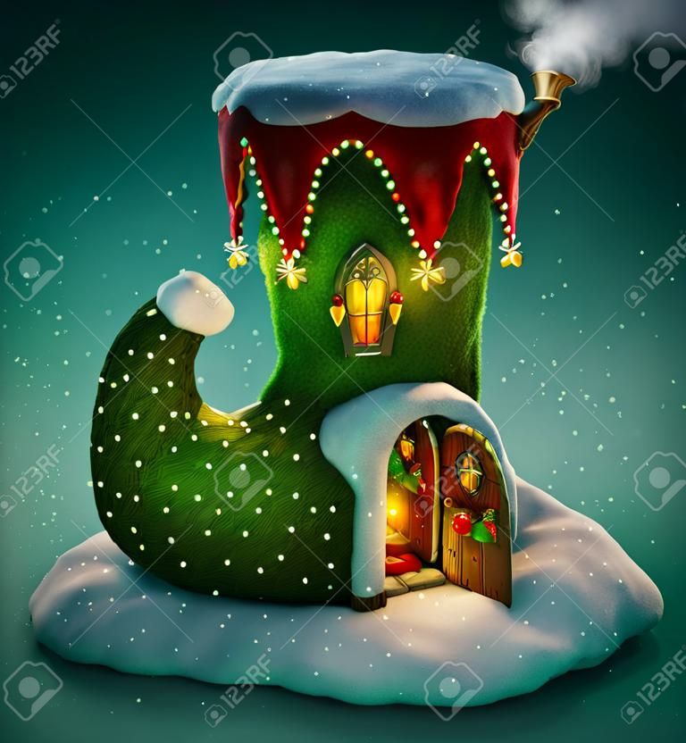 Incredibile casa delle fate decorata a Natale a forma di scarpa degli elfi con porta aperta e camino all'interno. Illustrazione di Natale insolito.