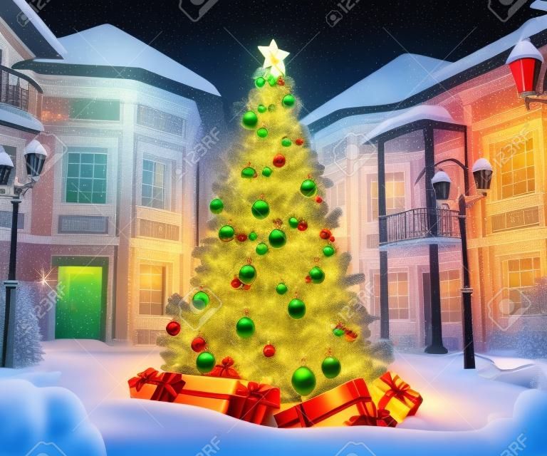 Wonderful christmas tree with gift boxes in cute city at night. Unusual christmas illustration