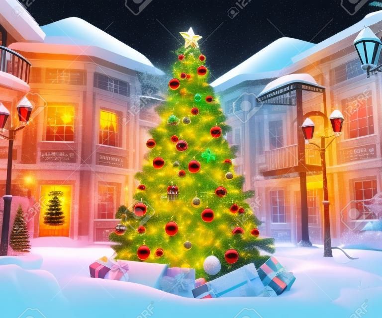 Wonderful christmas tree with gift boxes in cute city at night. Unusual christmas illustration